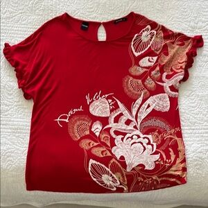 Desigual Red Ruffled Blouse with Graphic Floral Design